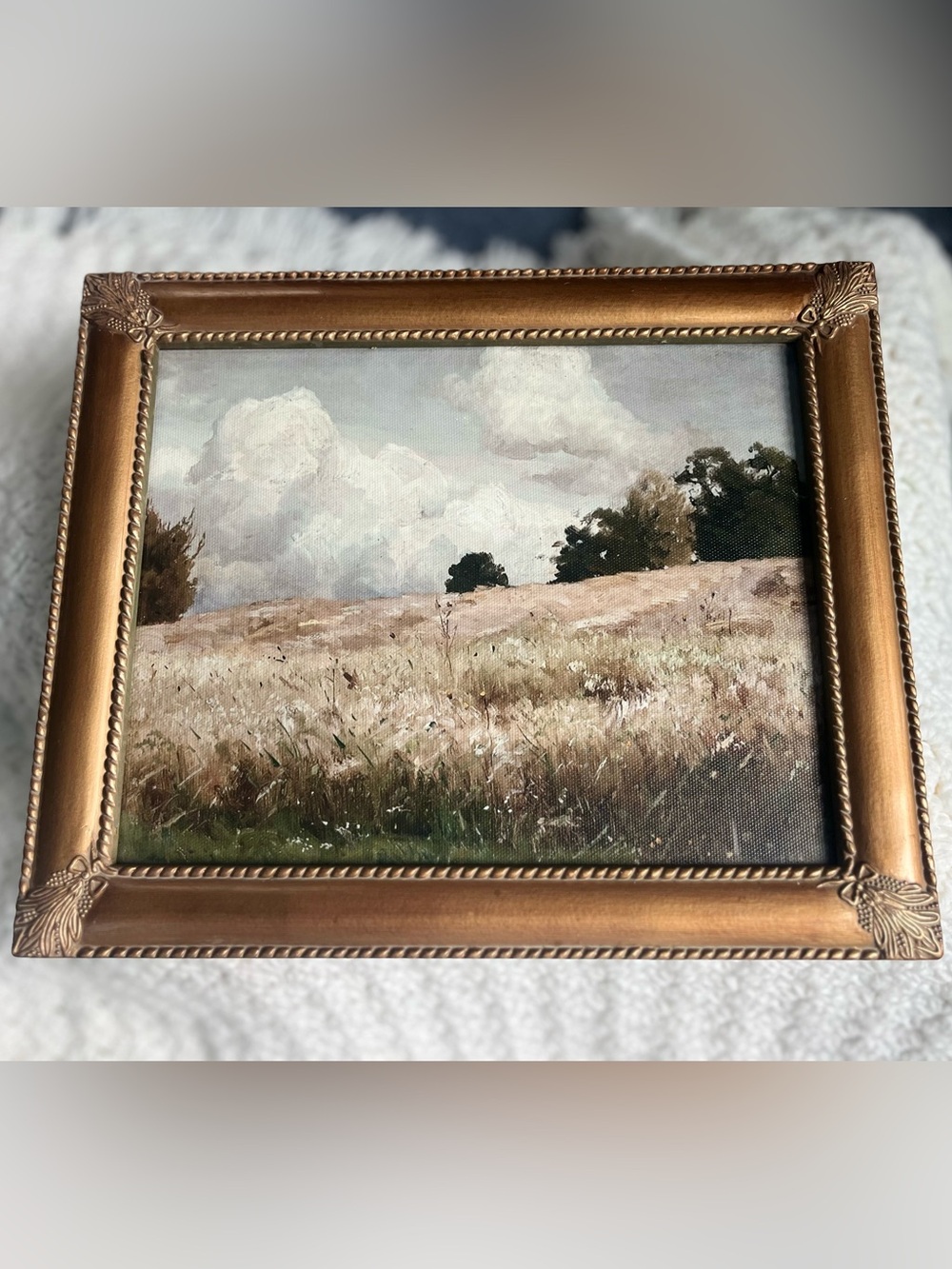 Framed Meadow Landscape Art Print in Gold